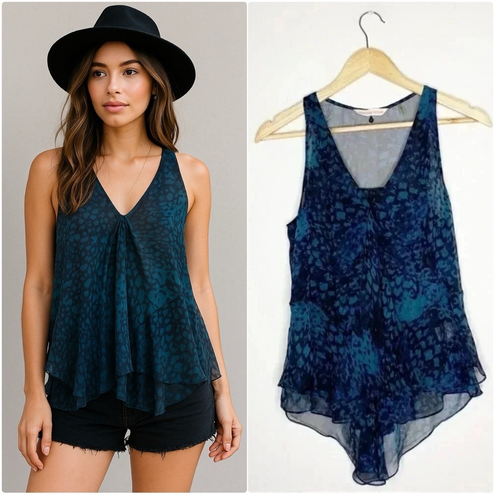 Rebecca Taylor Silk Navy Mermaid Tank Sleeveless Blouse Size 2 Boho Relaxed XS